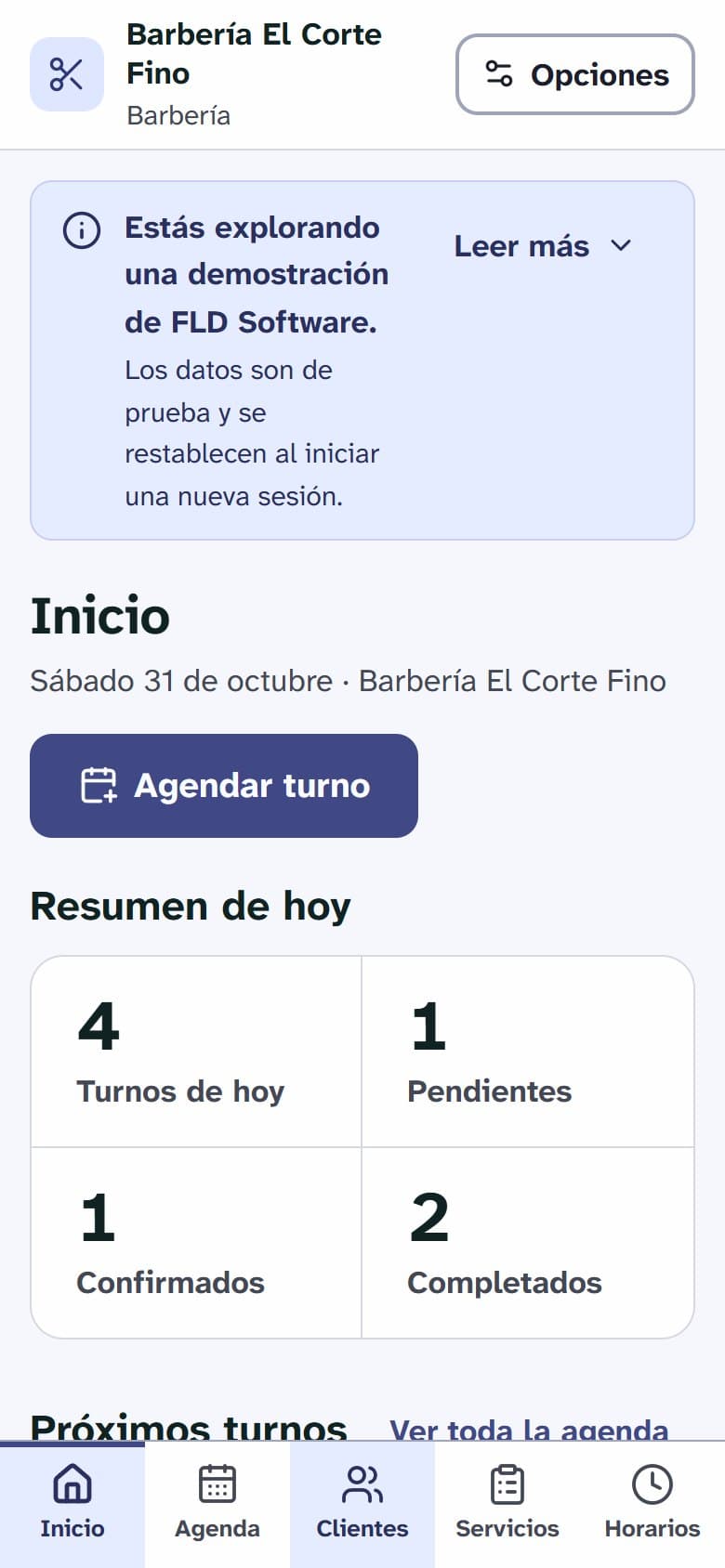 Pantalla de inicio del sistema de turnos en un celular