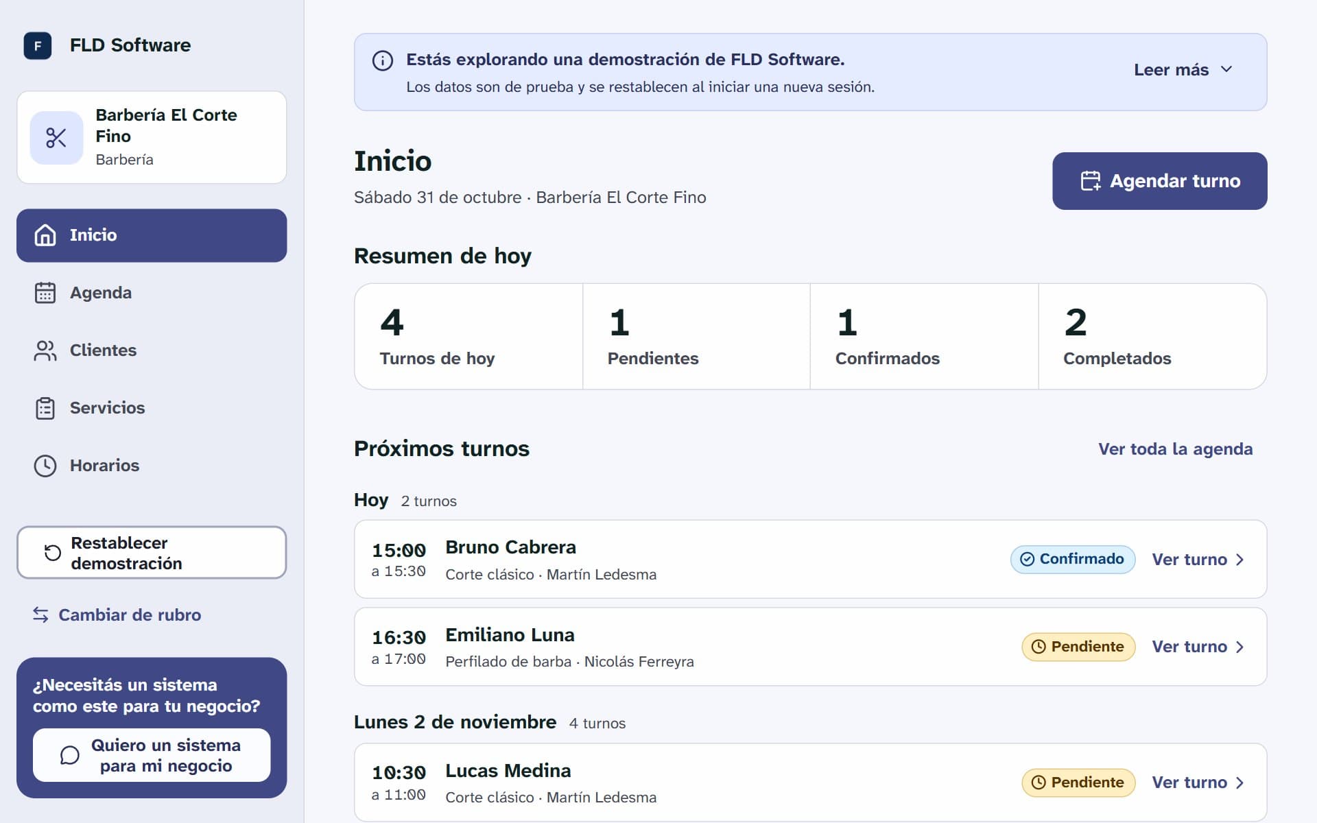 Captura de la demostración del sistema de gestión de turnos: pantalla de inicio con el resumen del día y los próximos turnos