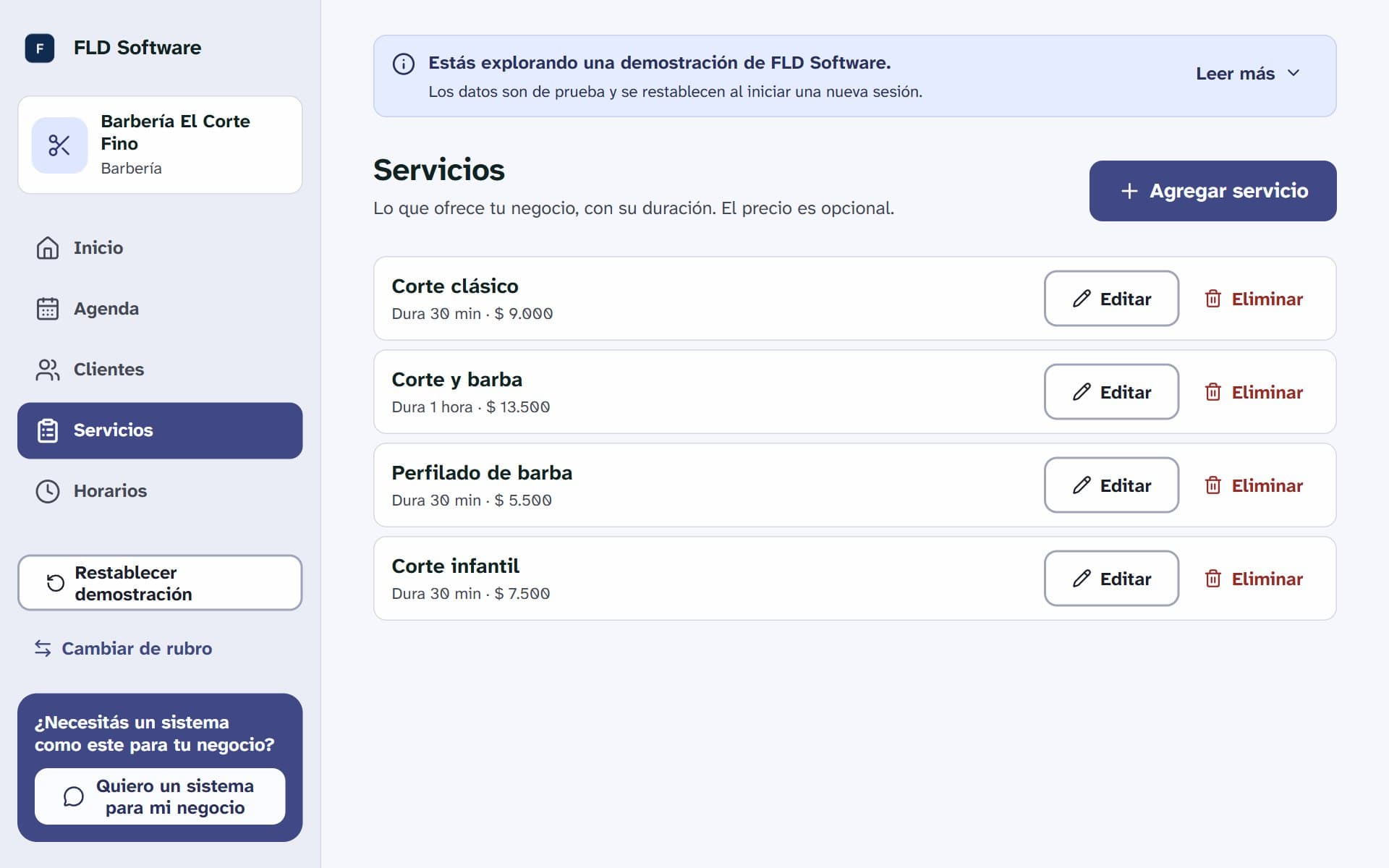 Listado de servicios del sistema de turnos con su duración y su precio