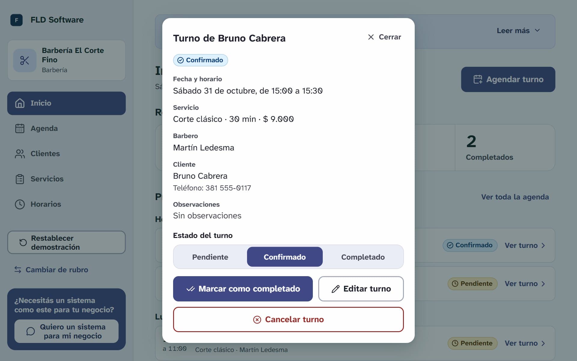 Detalle de un turno con el estado, el servicio, el cliente y las opciones para editar o cancelar